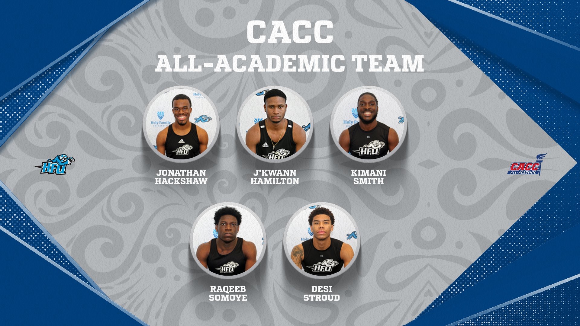 A graphic for HFU's five honorees on the 2025 CACC Men's Track & Field All-Academic Team
