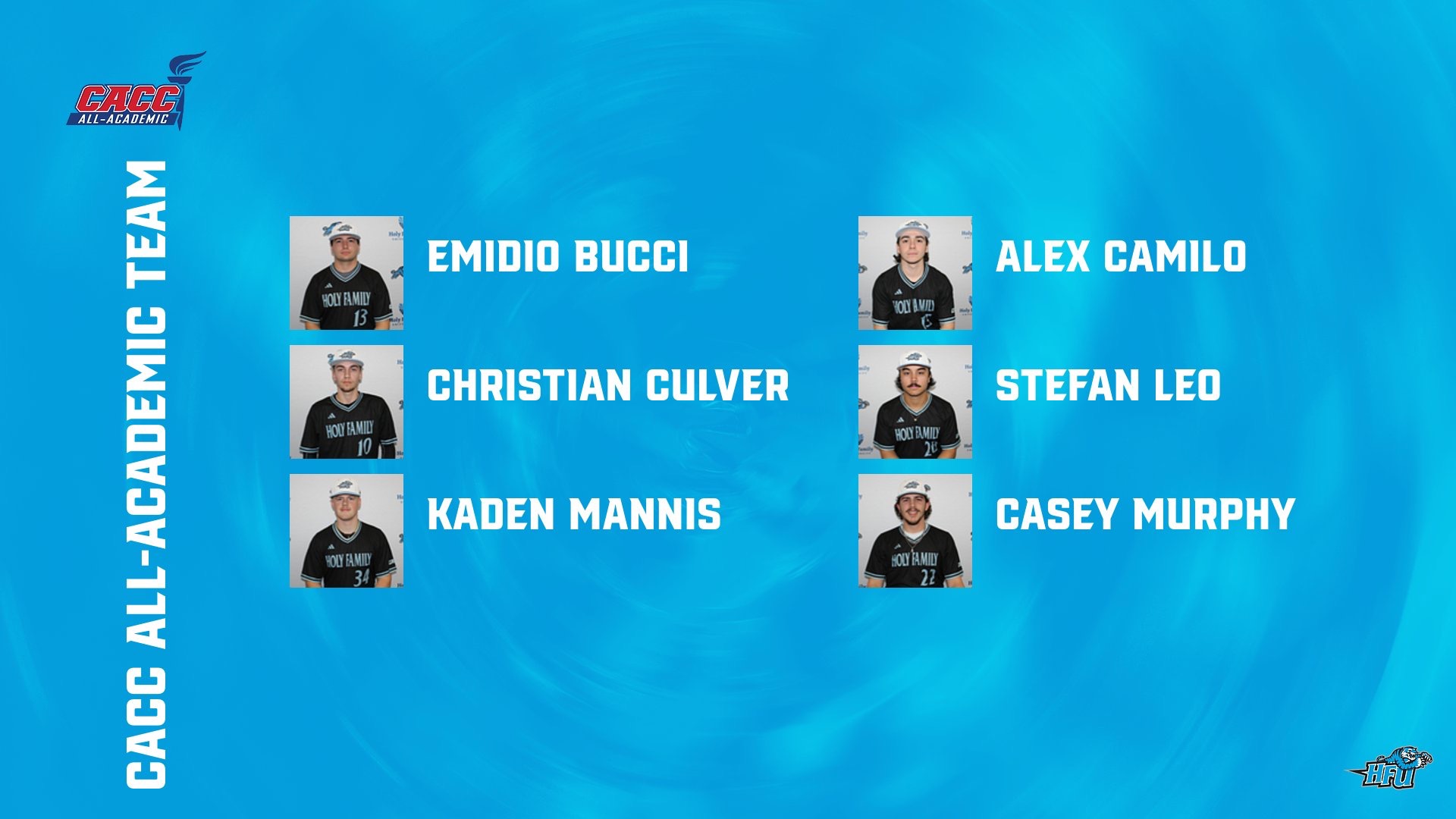 A graphic for HFU's six honorees on the 2025 CACC Baseball All-Academic Team