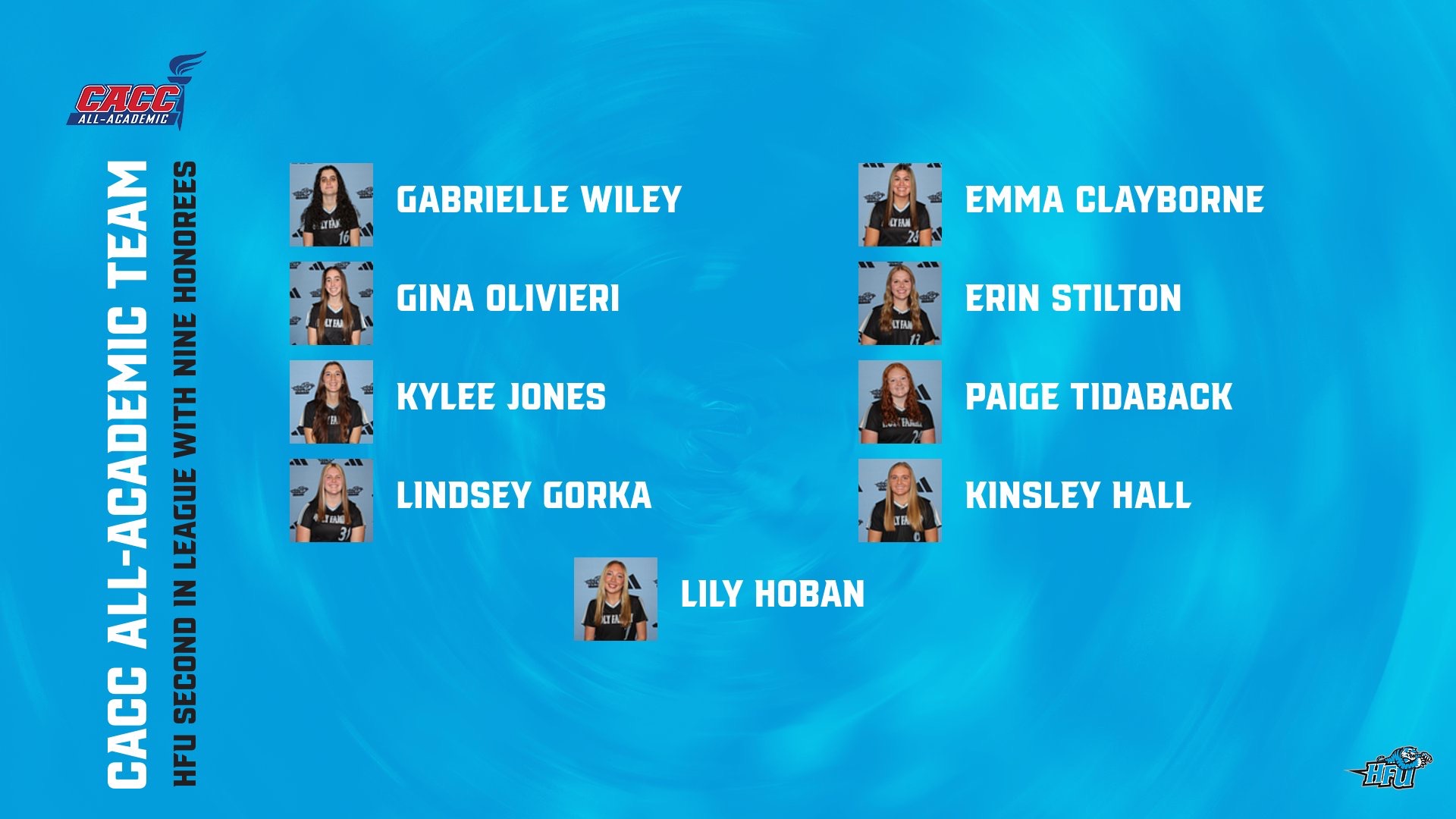 A graphic for HFU's nine honorees on the 2025 CACC Softball All-Academic Team