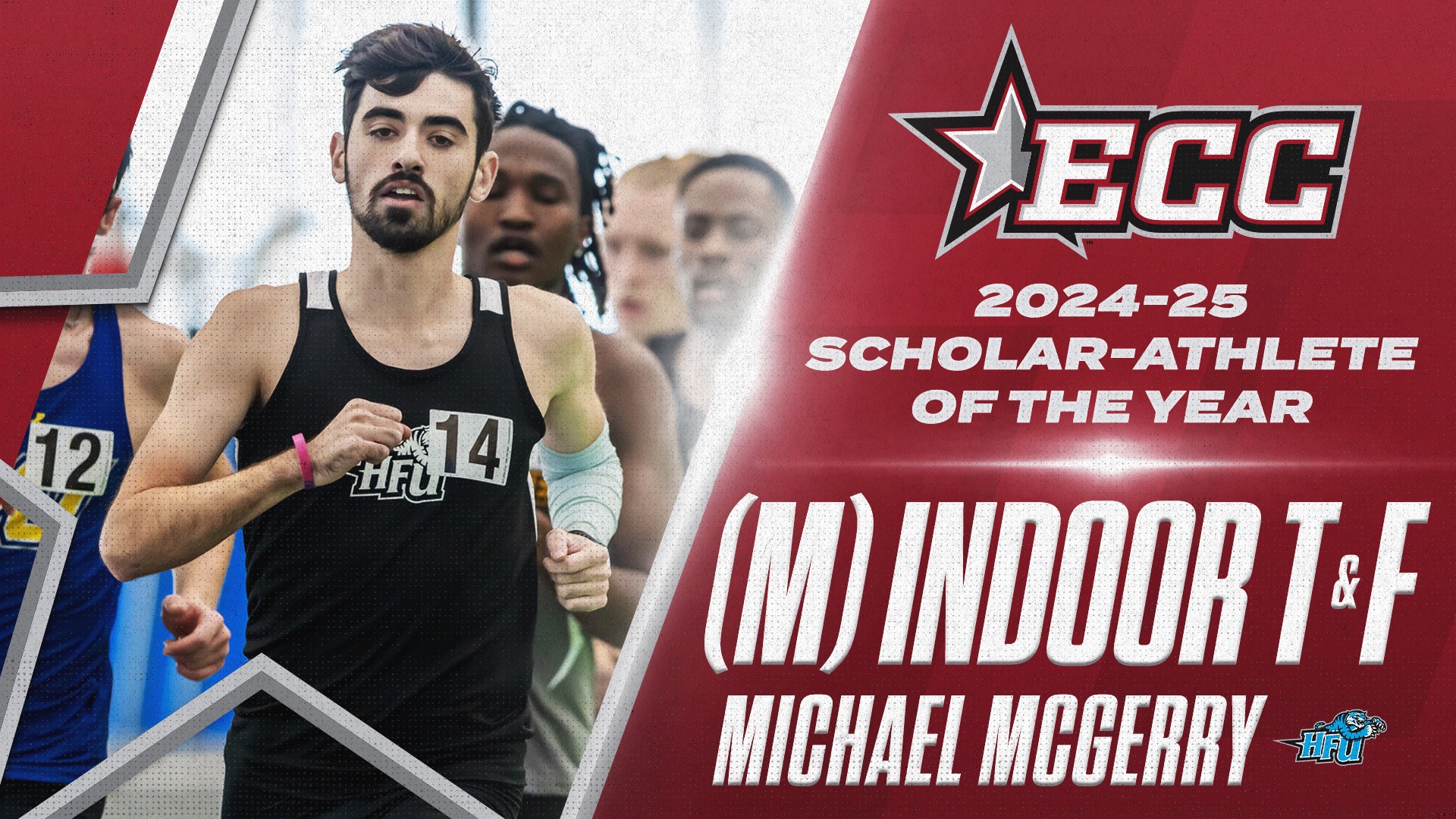 A graphic for HFU's Mike MCGerry being named the 2025 ECC Indoor Men's Track & Field Scholar-Athlete of the Year