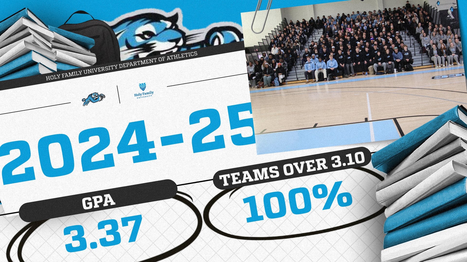 A graphic for HFU student-athletes achieving a 3.37 GPA in the 2024-25 academic year