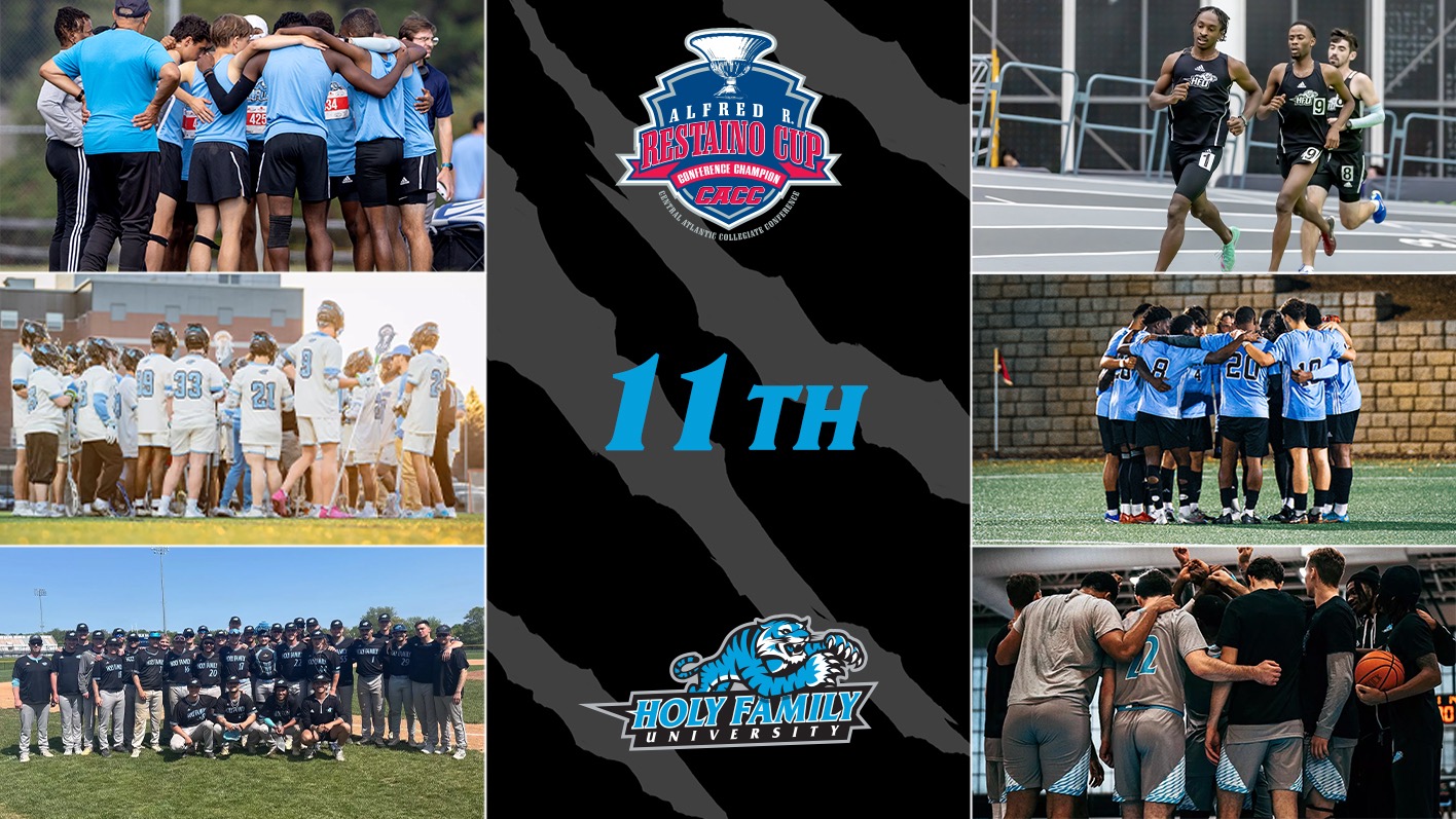 A graphic for HFU placing 11th in the final 2025 CACC Men's Restaino Cup standings, with group pictures of each of the Tigers' six CACC sponsored men's sports