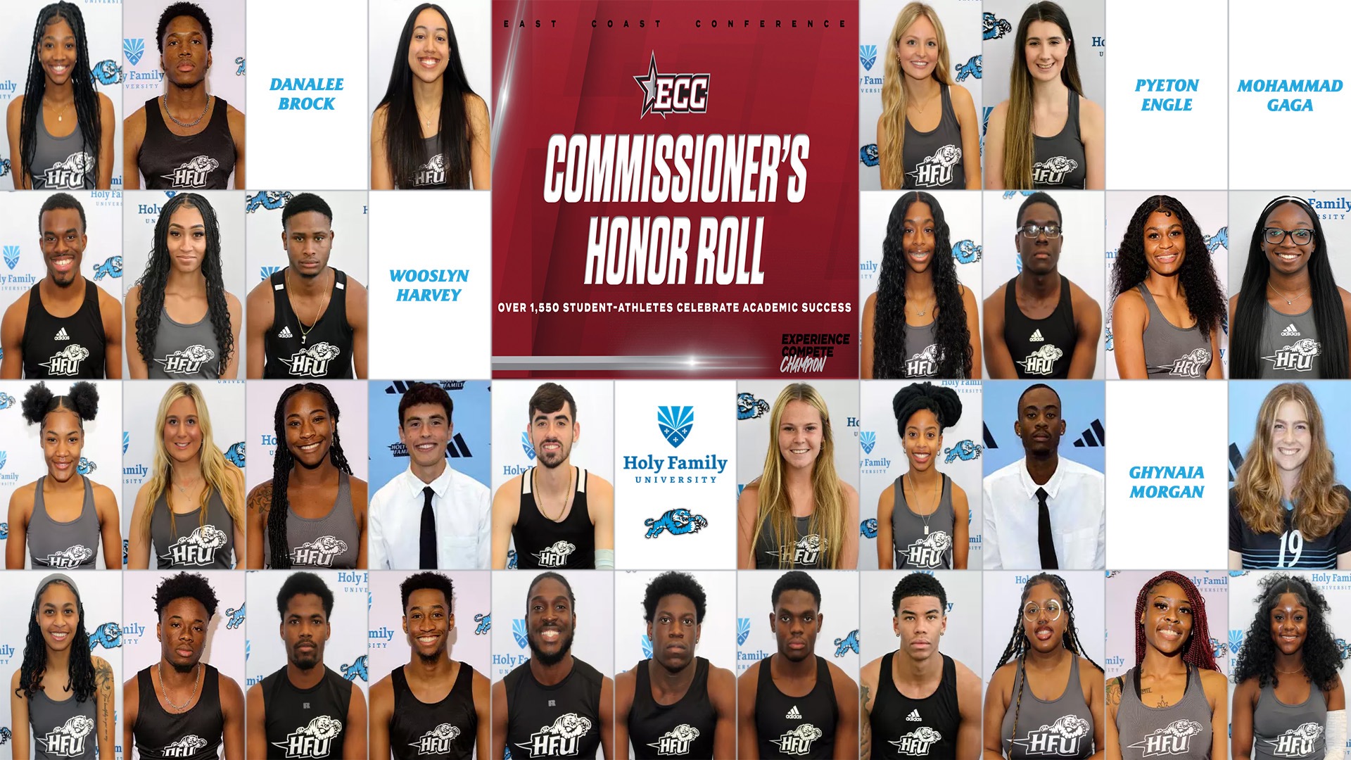 A graphic featuring headshots of most HFU's 37 2024-25 ECC Commissioner's Honor Roll honorees
