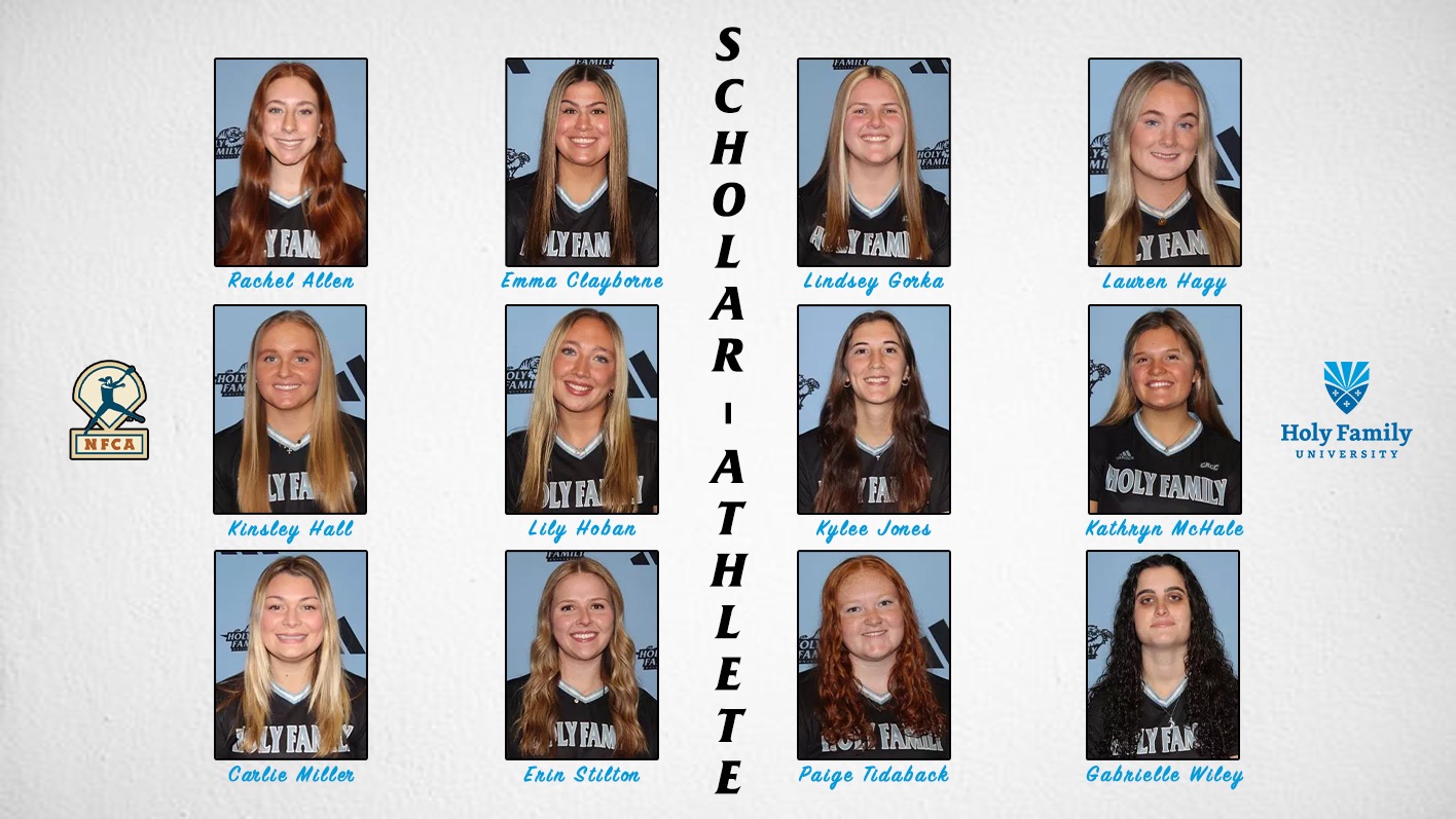 A graphic for HFU's 12 student-athletes who were named 2025 NFCA Scholar-Athletes