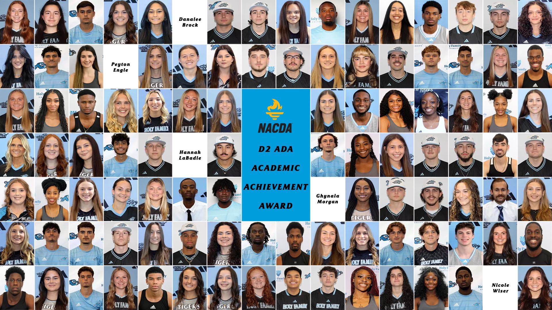 A graphic featuring headshots of the 106 HFU student-athletes to receive the 2024-25 D2 ADA Academic Achievement Award