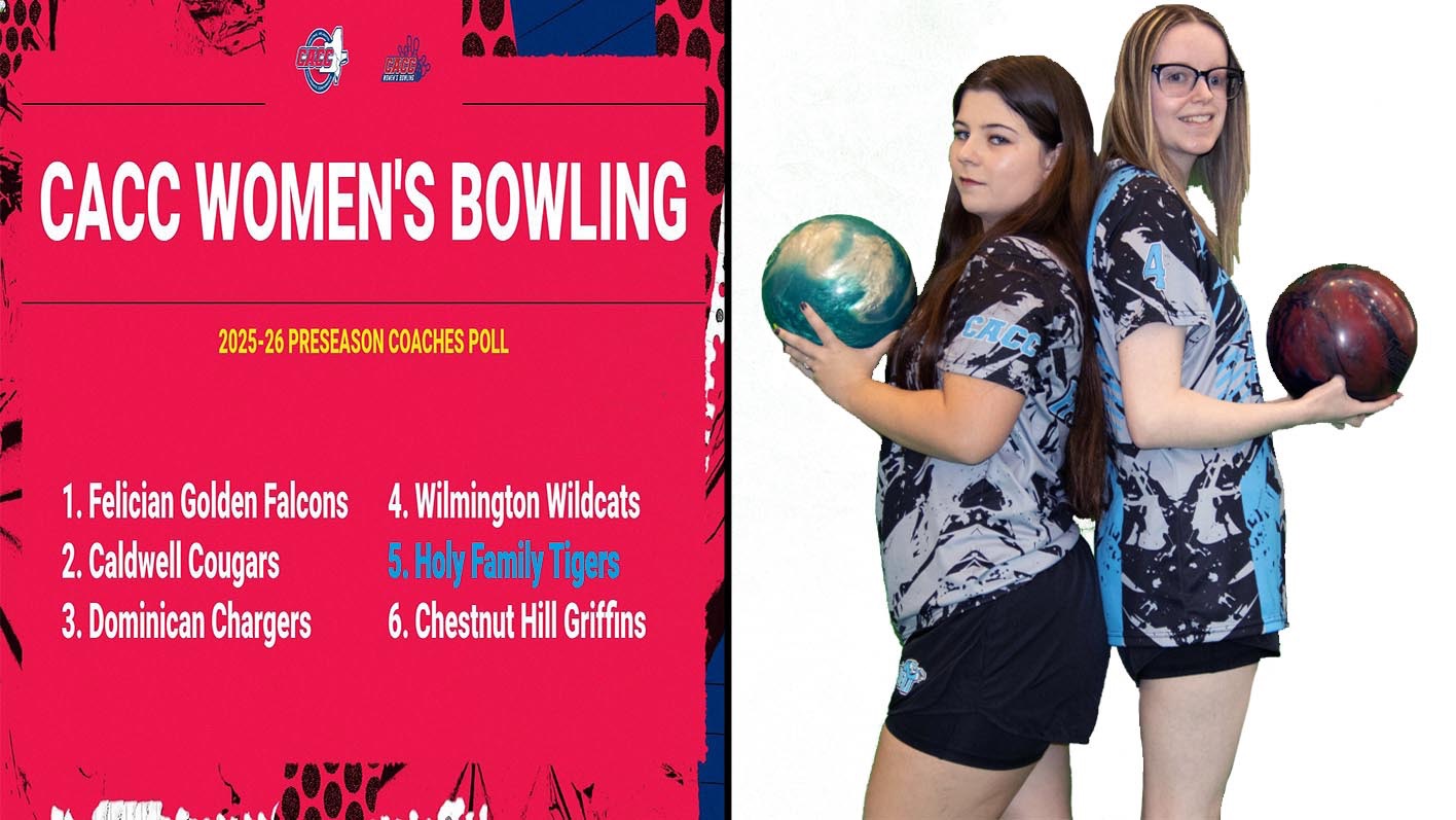 A graphic for HFU coming in at fifth 2025-26 CACC Bowling Preseason Poll, featuring a posed picture of Brigidmarie Ferreira and Corin Stewart, back-to-back, holding a bowling ball