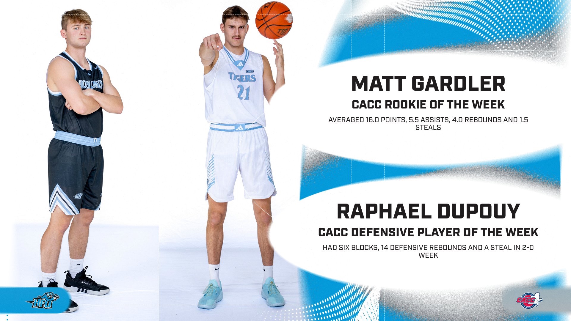 A graphic for Matt Gardler being named the CACC Rookie of the Week and Raphael Dupouy the CACC Defensive Player of the Week