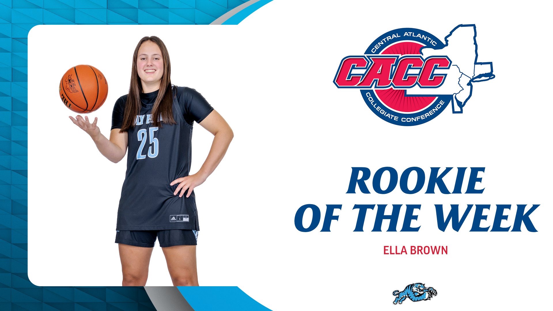 A graphic for Ella Brown being named the CACC Rookie of the Week, featuring a posted photo of her tossing the ball up with her right hand
