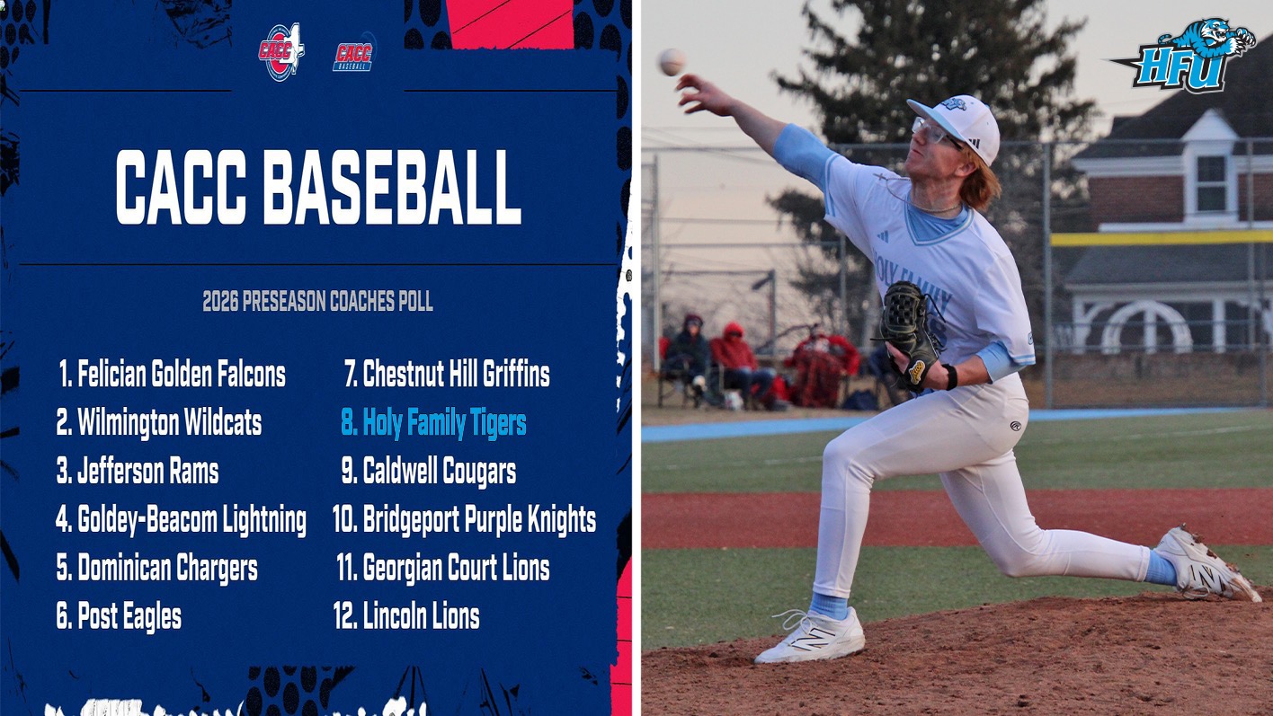 A graphic for HFU ranking eighth in the 2026 CACC Preseason Baseball Poll, featuring a picture of right-handed pitcher Zach Lane just as he is releasing a pitch