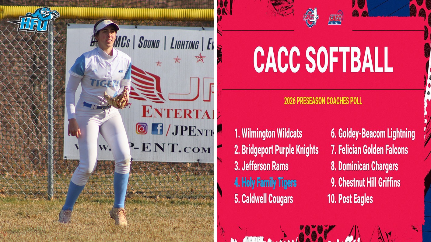 A graphic, featuring outfield Gina Olivieri preparing for a pitch to be thrown, for HFU finishing fourth in the 2026 CACC Softball Preseason Coaches Poll
