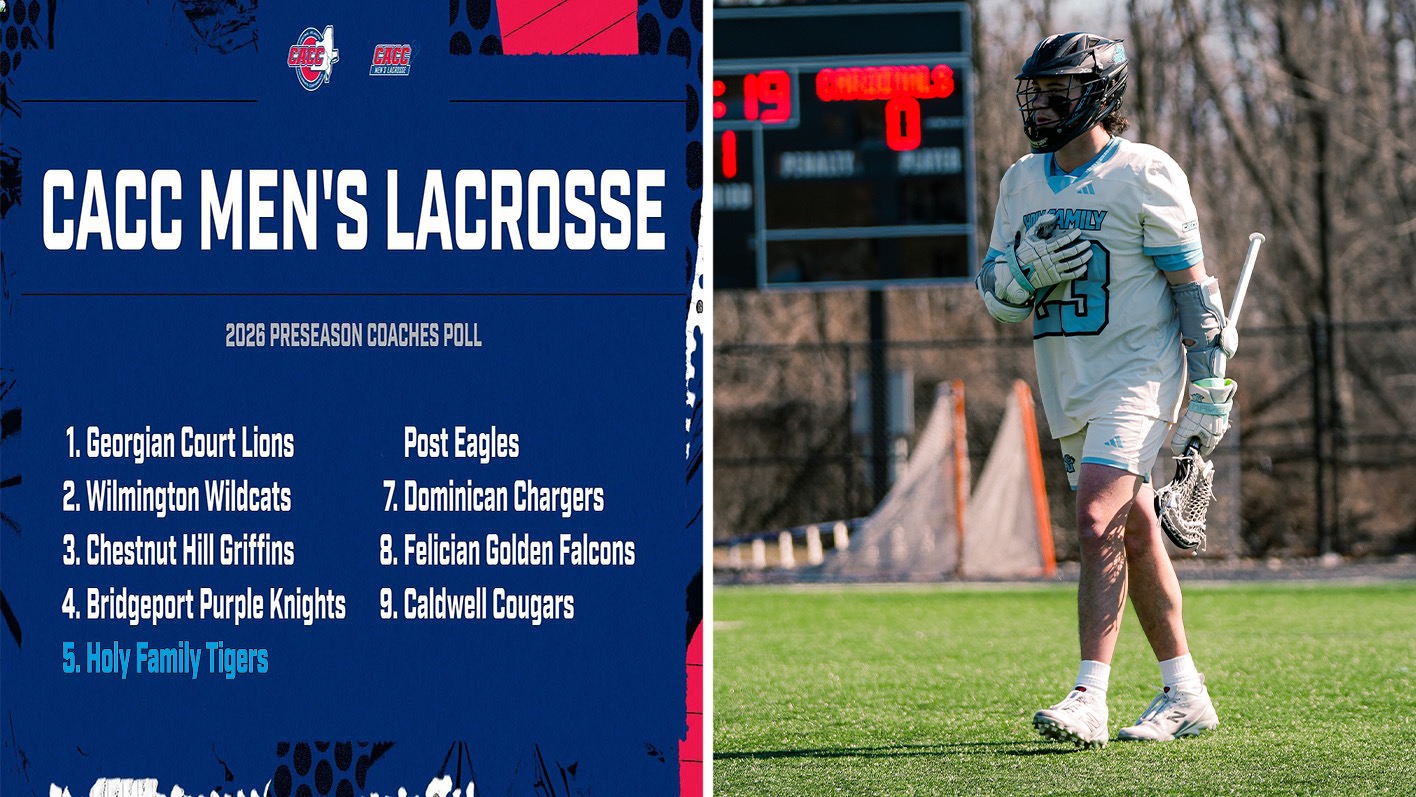 A graphic, featuring Julian Definis with his stick in his left hand and his right hand on his chest, for HFU tying for fifth in the 2026 CACC Men's Lacrosse Preseason Coaches Poll