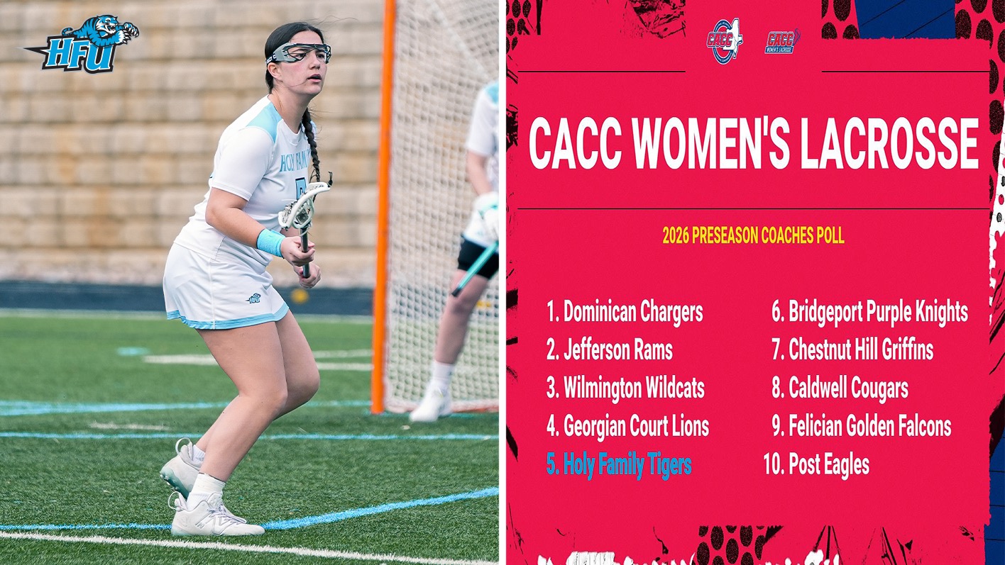 A graphic, featuring Renee Althoff in a defensive position, for HFU coming in fifth in the 2026 CACC Preseason Coaches Poll