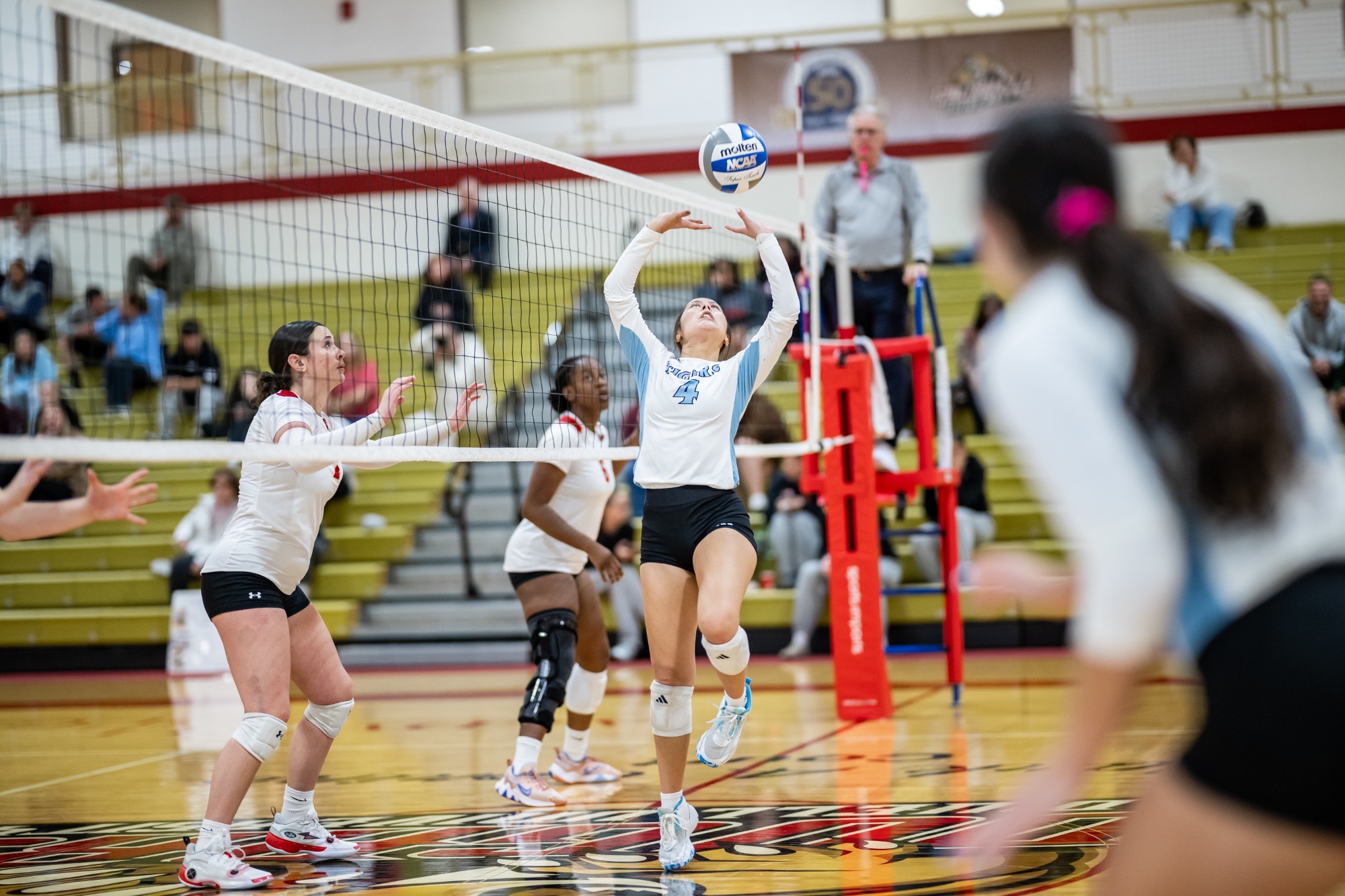 Mia Wise about to set the ball, right toes on the ground and left foot in the air
