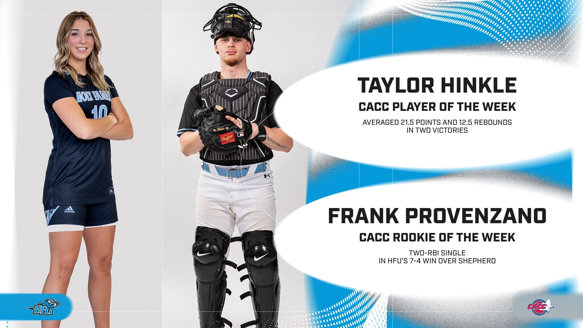 A graphic for HFU's Taylor Hinkle (Women's Basketball Player of the Week) and Frank Provenzano (Baseball Rookie of the WeeK) receiving weekly awards from the CACC
