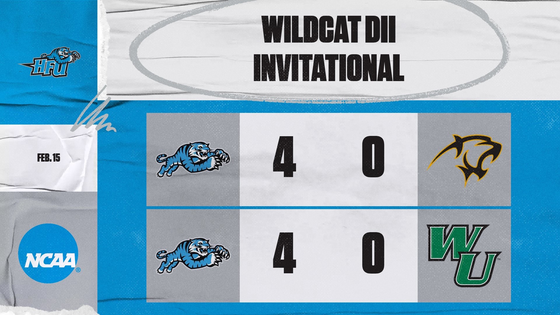 A graphic for HFU Bowling winning two matches, 4-0 over both Adelphi and Wilmington, at the 2026 DII Wildcat Invitational