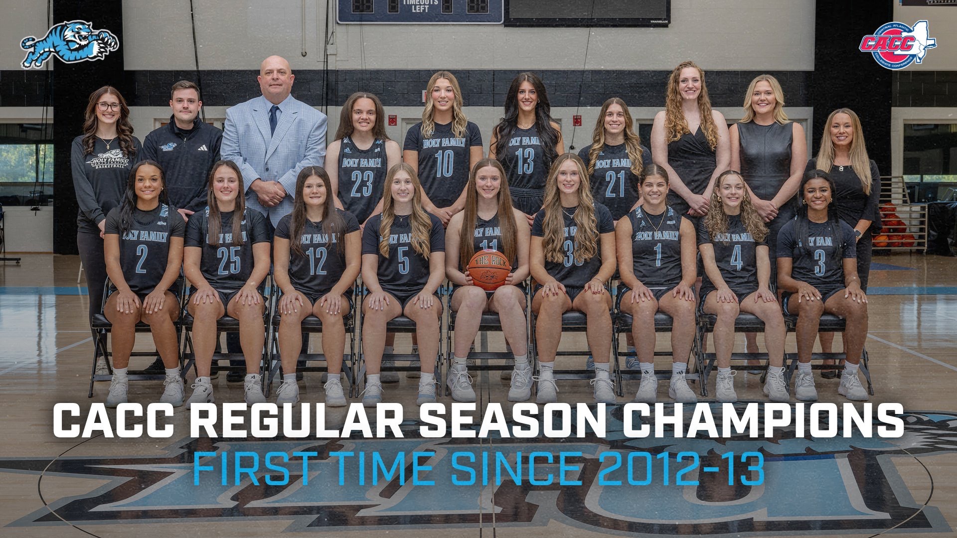 A graphic, featuring a team picture, for HFU winning 2026 CACC Women's Basketball regular season title, its first title since 2012-13