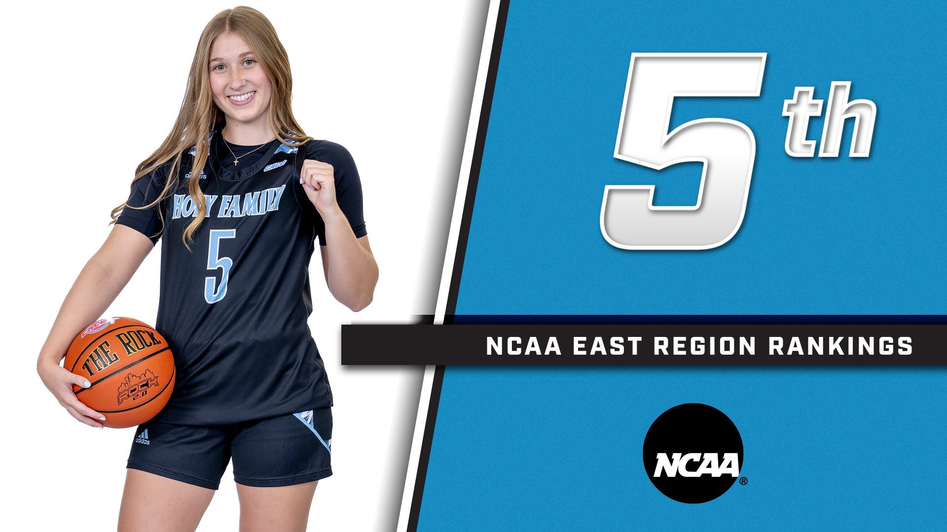 A graphic for HFU ranking fifth in the East Region in the second installment of the 2026 Division II Women's Basketball Regional Rankings, featuring Camryn Gregory holding a ball in her right hand and pulling on her jersey with her left