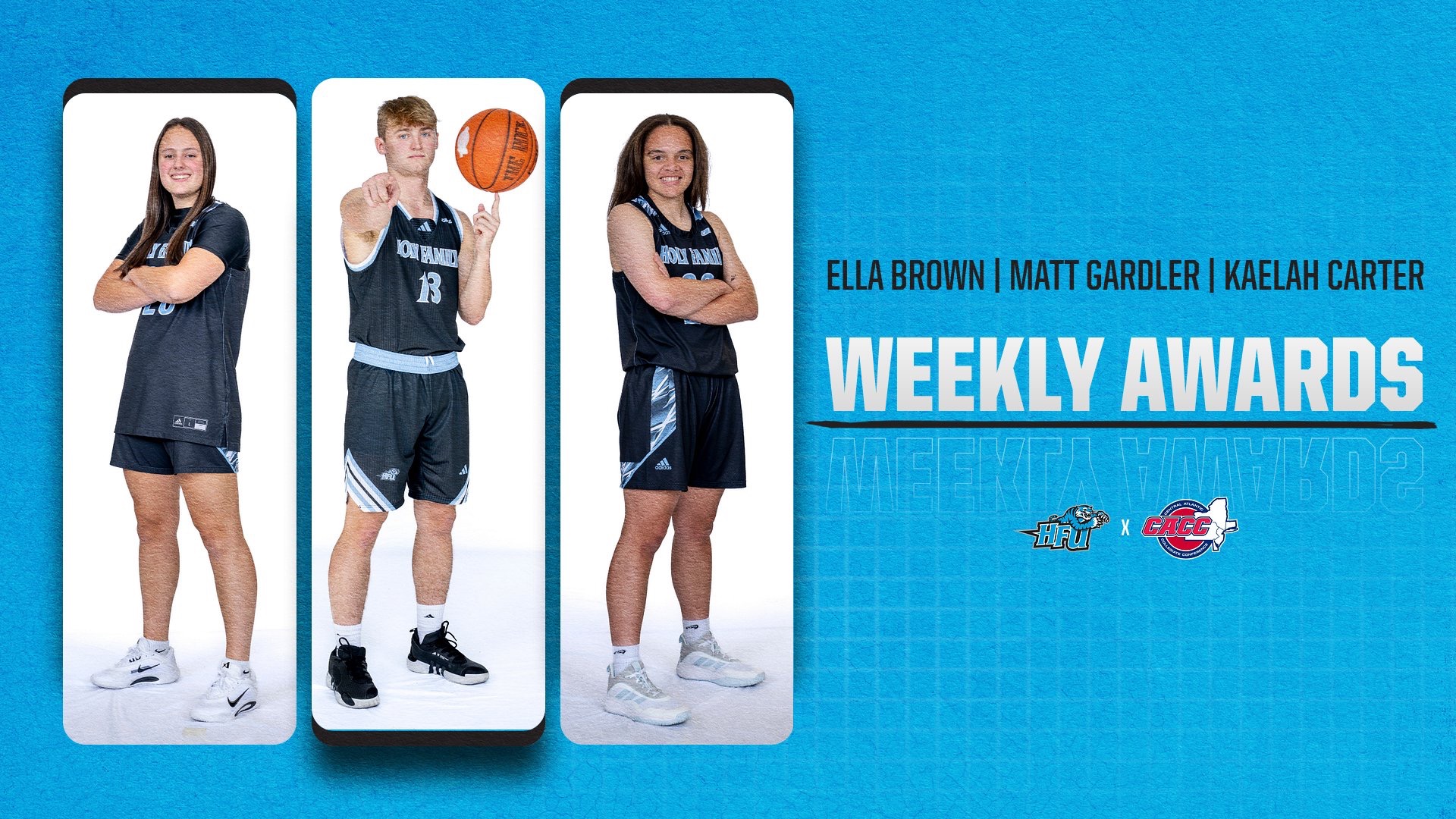 A graphic for Ella Brown, Matt Gardler and Kaelah Carter receiving CACC Weekly Awards