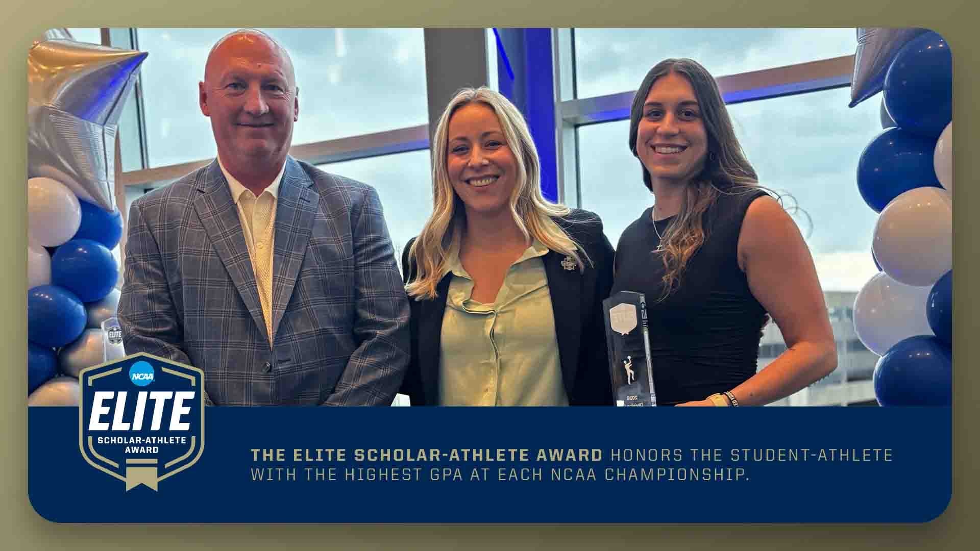 A graphic for HFU's Skyler Searfoss Receiving the Elite Scholar-Athlete Award for the 2026 NCAA Division II Women's Basketball Championship
