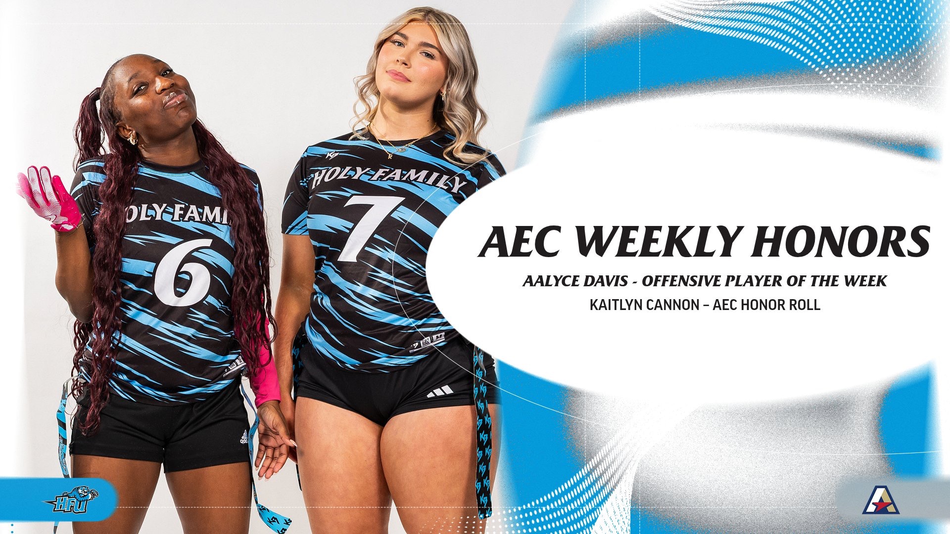 A graphic for HFU's Aalyce Davis being named the AEC Offensive Player of the Week and Kaitlyn Cannon being named to the honor roll