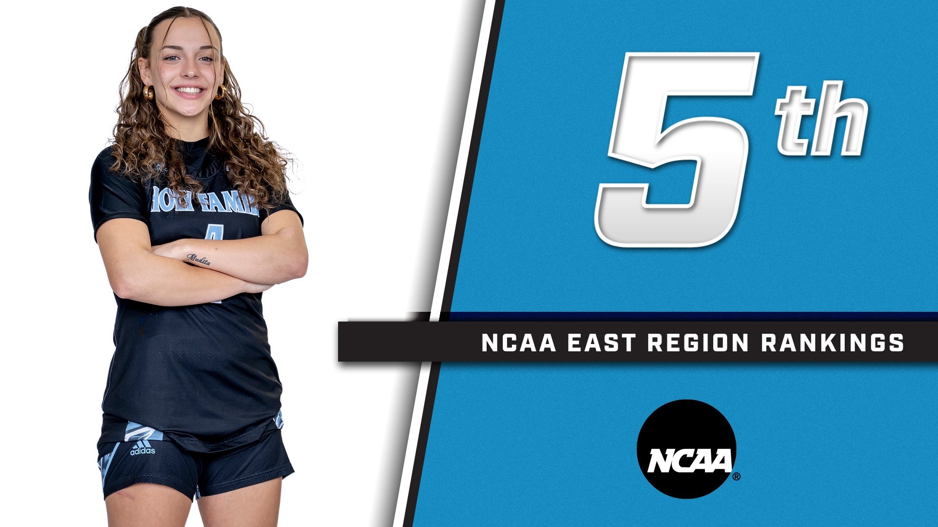 A graphic, featuring Danielle Brusha posing with her arms crossed, for HFU being ranked fifth in the East Region in week three of the 2026 NCAA Division II Women's Basketball Regional Rankings