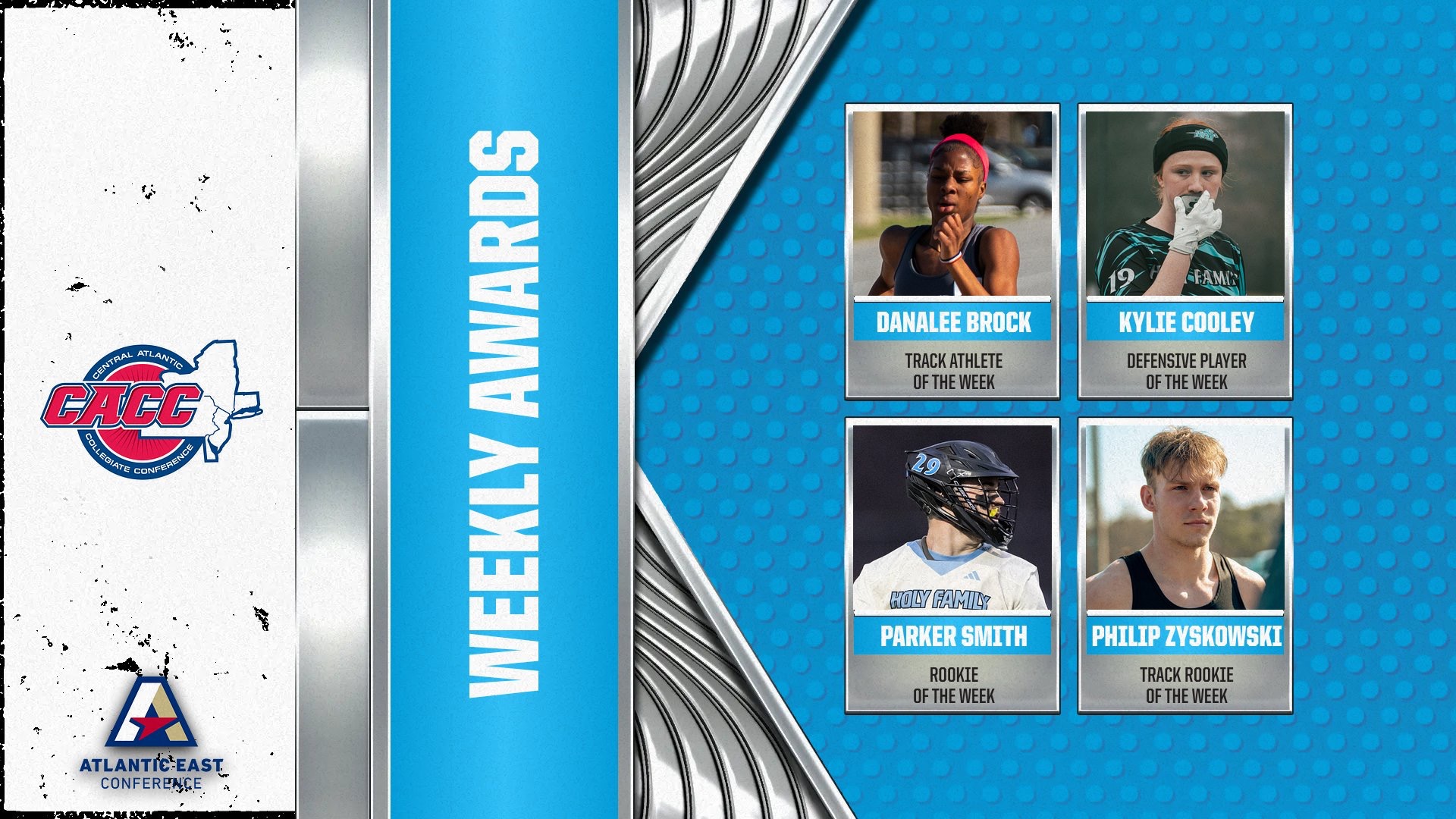 A graphic for Danalee Brock, Kylie Cooley, Parker Smith and Philip Zyskowski receiving conference weekly awards 