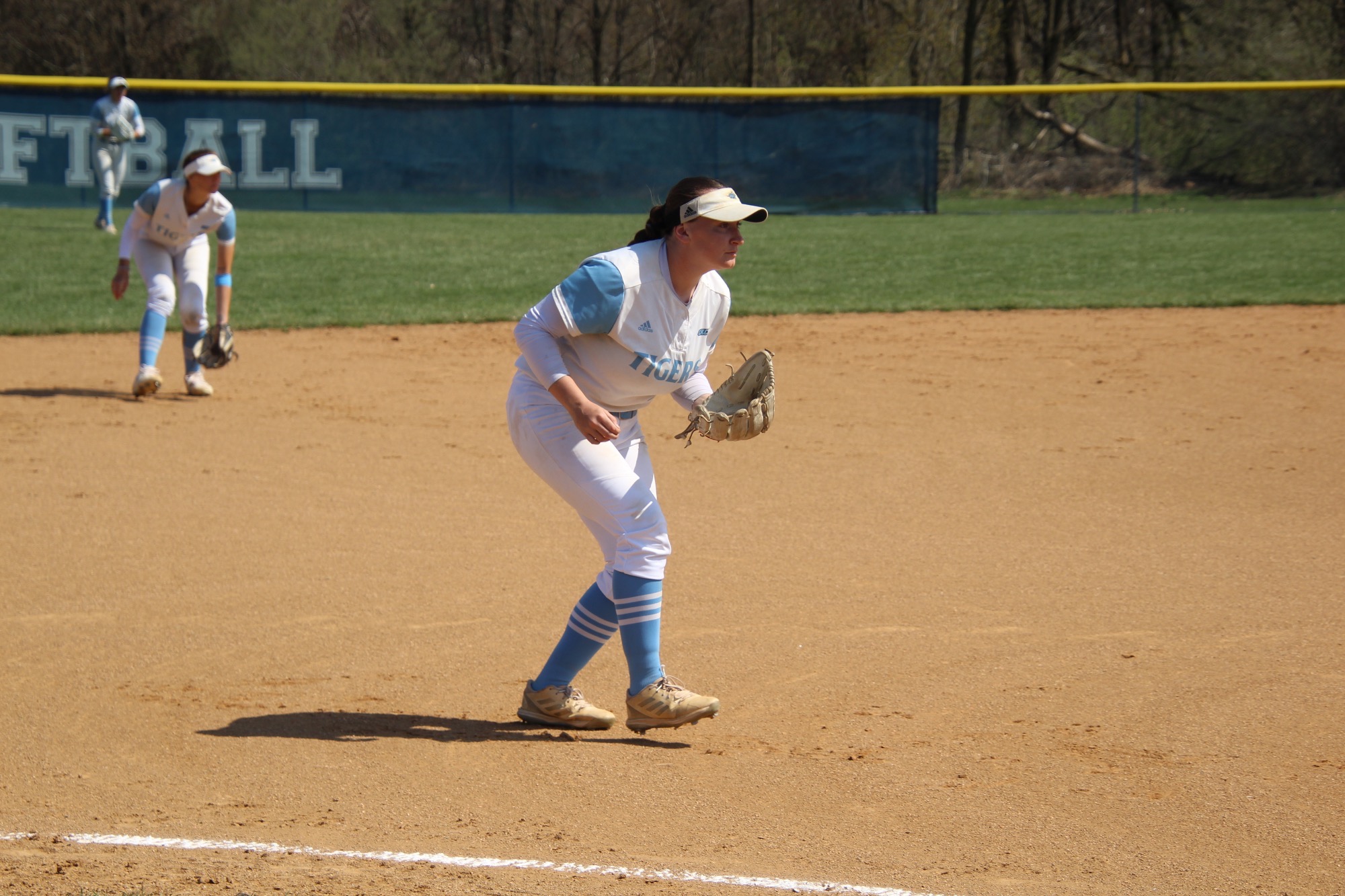 Third baseman Madison Grubb gets into a ready position as she prepares for a pitch to be thrown