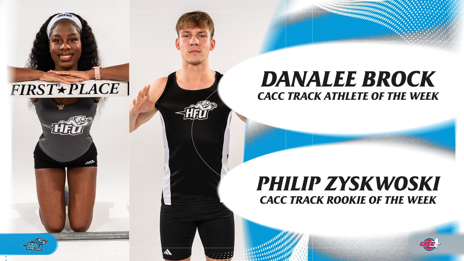 A graphic for HFU's Danalee Brock and Philip Zyskwoski winning Weekly CACC Track Awards