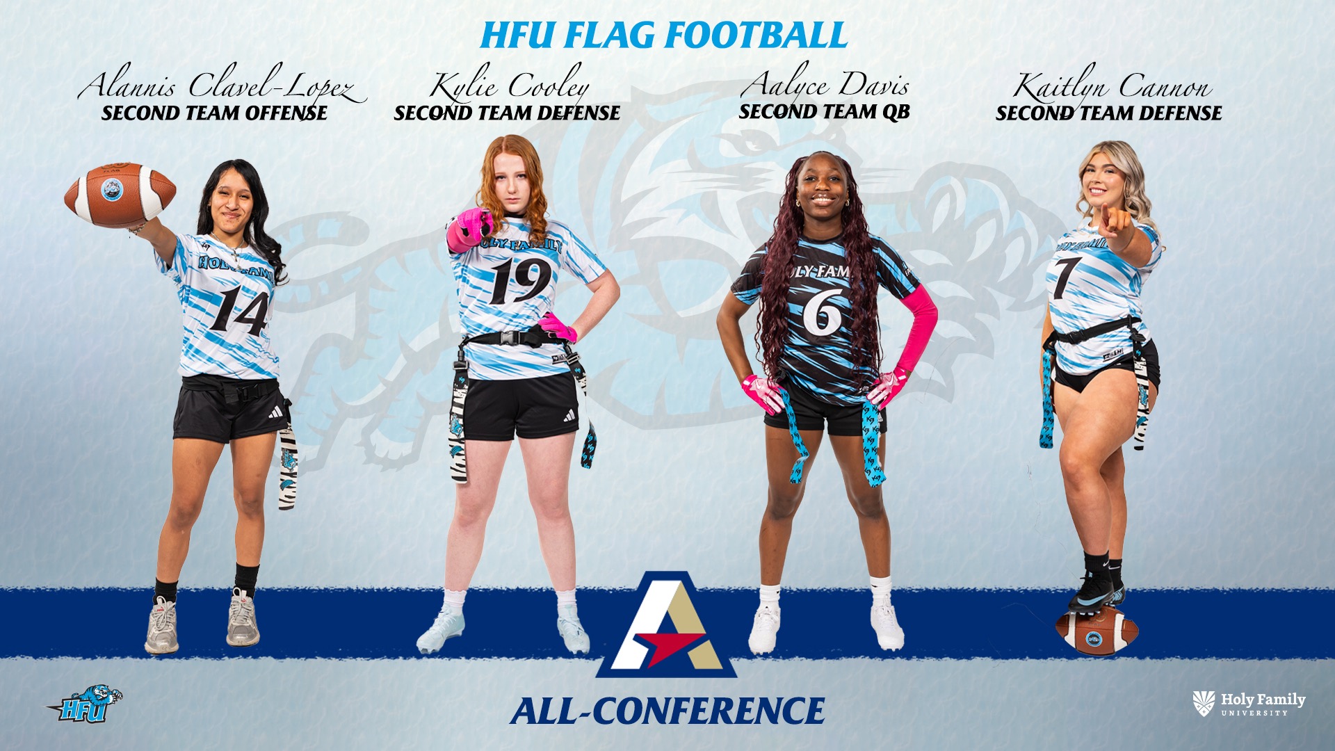 A graphic for Alannis Clavel-Lopez, Kylie Cooley, Aalyce Davis and Kaitlyn Cannon being named to the 2026 All-AEC Second Team