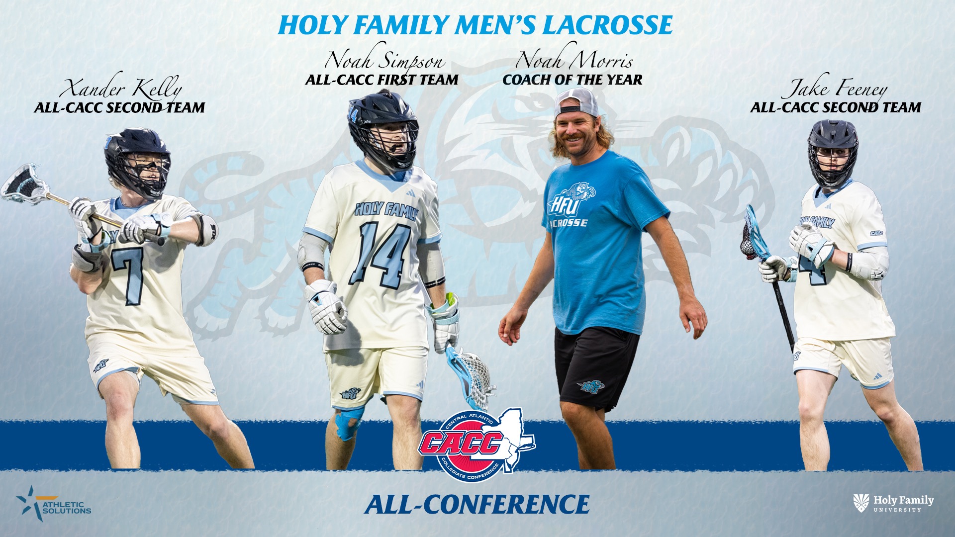 A graphic for Noah Morris, Noah Simpson, Jake Feeney and Xander Kelly being honored with 2026 CACC Postseason Accolades