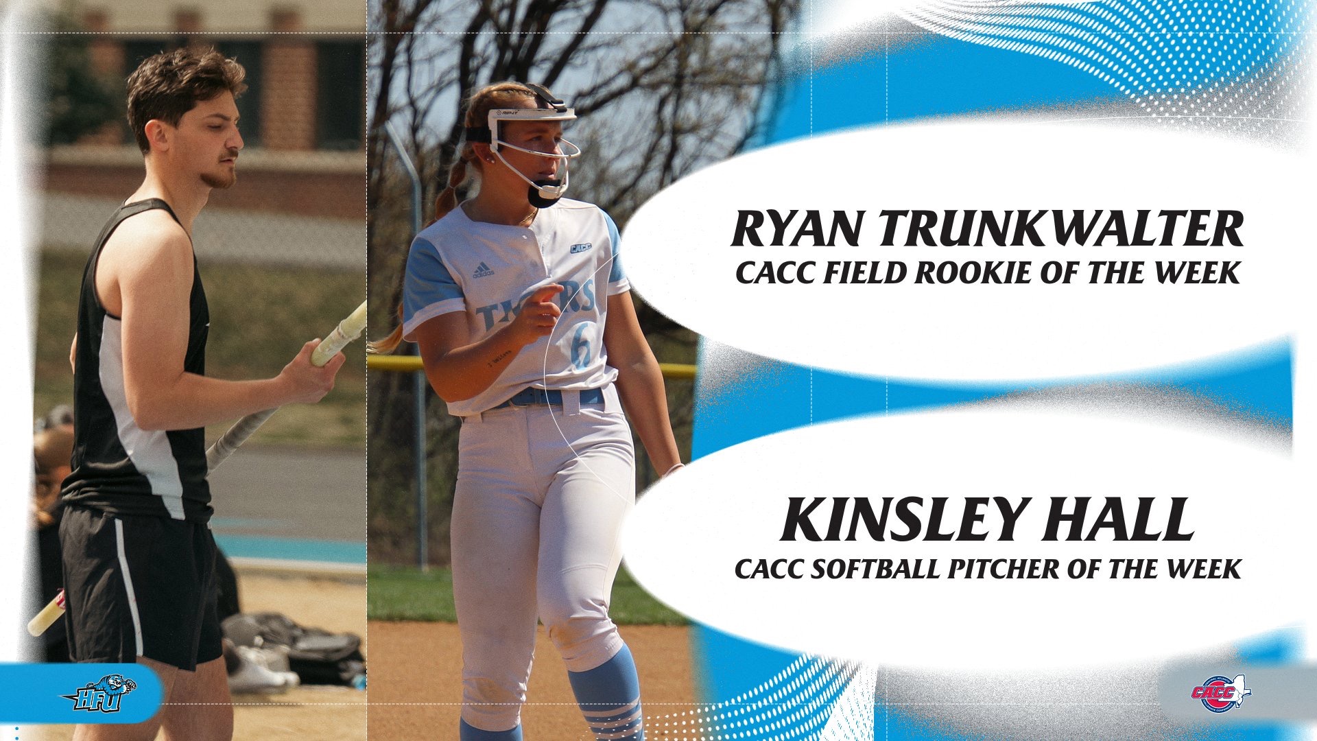 A graphic for track & field's Ryan Trunkwalter and softball's Kinsley Hall receiving CACC weekly awards