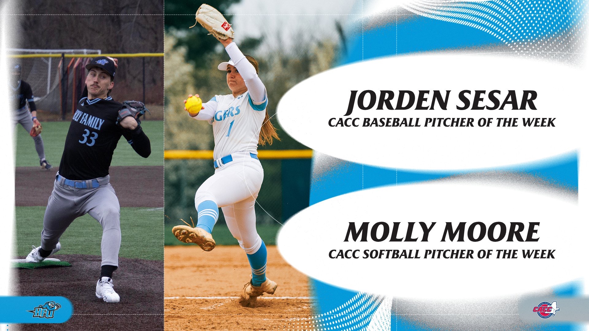 A graphic for HFU's Jorden Sesar and Molly Moore being named the respective CACC Baseball and CACC Softball Pitchers of the Week