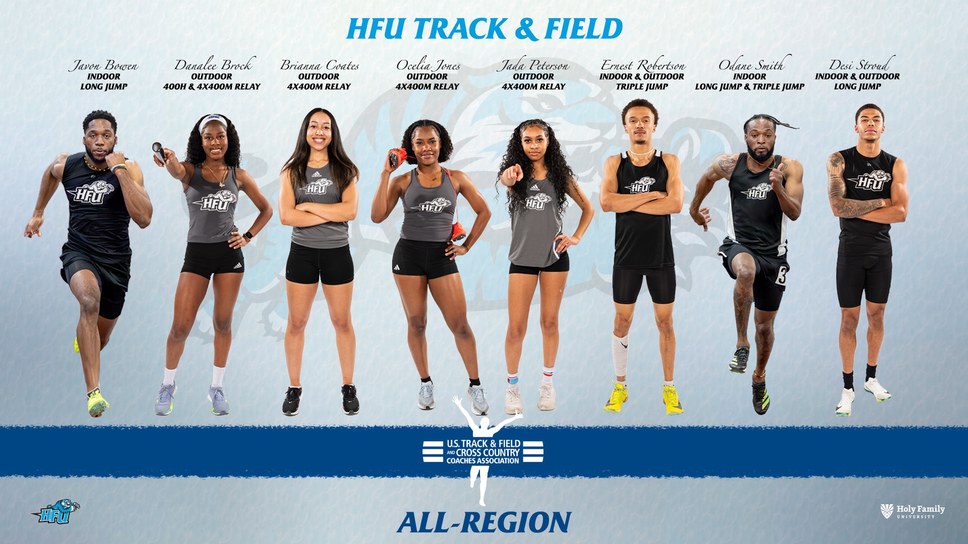 A graphic for HFU's Eight 2026 USTFCCCA All-Region Honorees