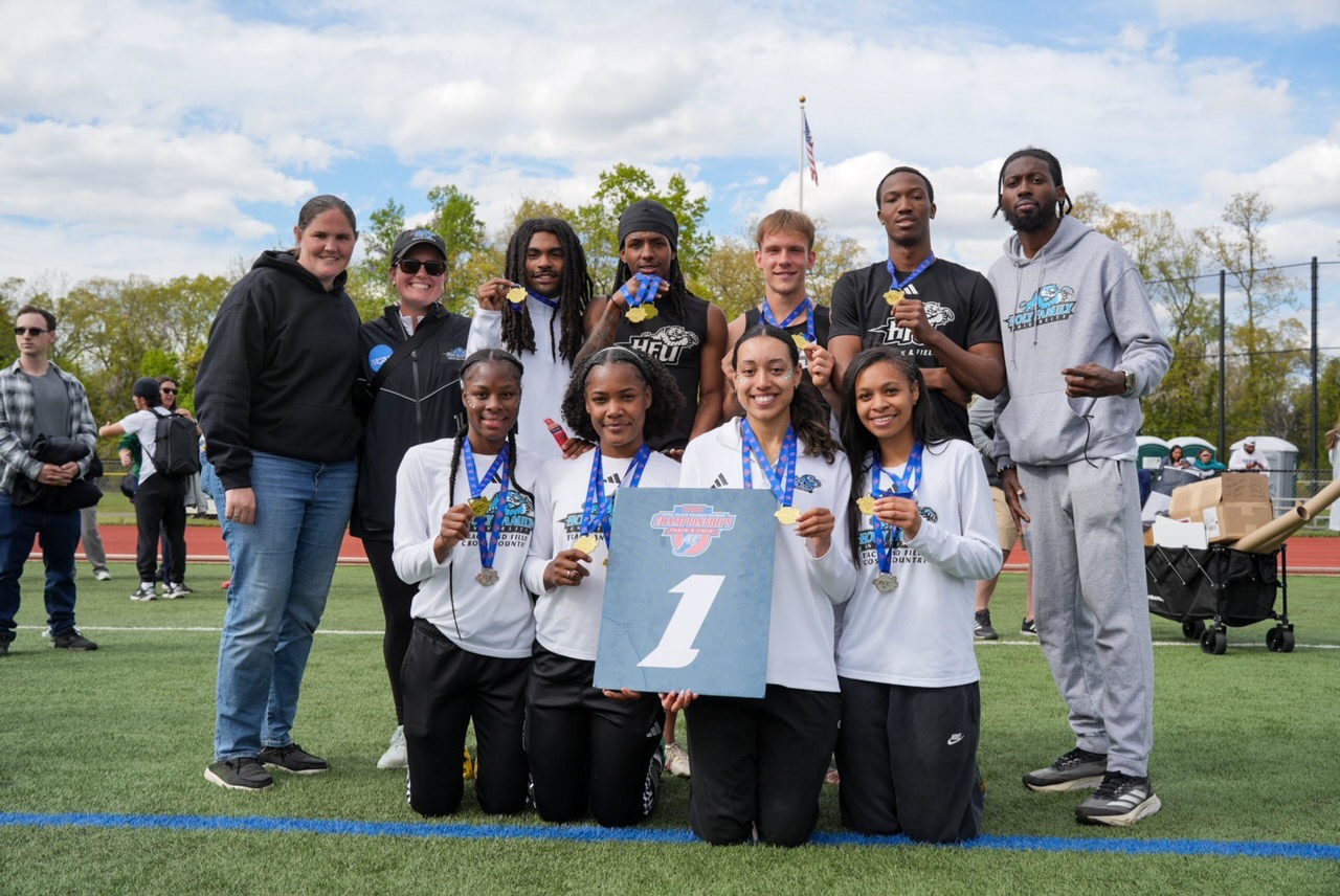 The HFU relay teams pose with their gold medals at the 2026 CACC Track & Field Championships 