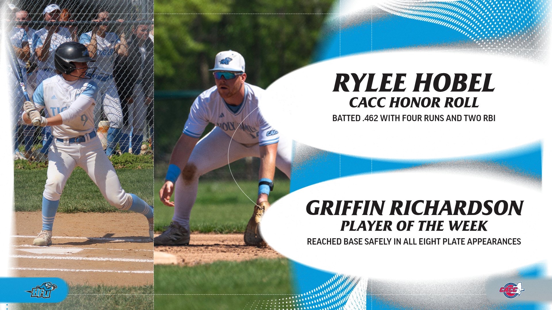 A graphic for softball's Rylee Hobel making the CACC Honor Roll and baseball's Griffin Richardson being named the CACC Player of the Week