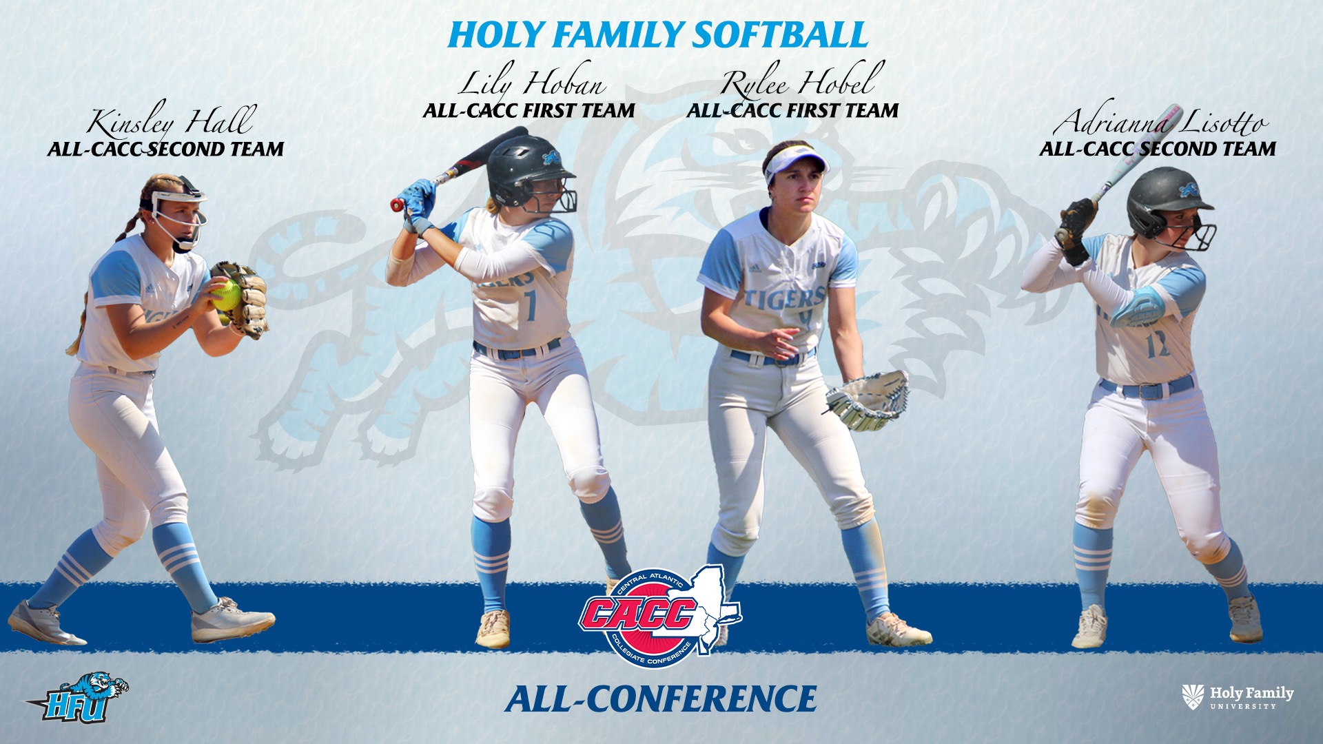 A graphic for Kinsley Hall, Rylee Hobel, Lily Hoban and Adriana Lisotto making the 2026 All-CACC Softball Team