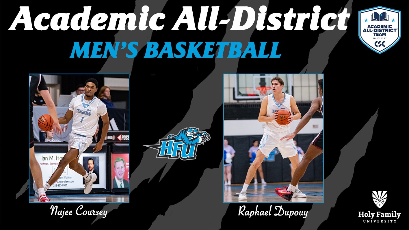 A graphic for Najee Coursey and Raphael Dupouy earning a place on the 2026 CSC Men's Basketball Academic All-District Team