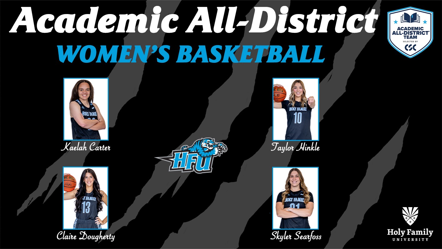 A graphic for HFU placing four not he 2025-26 CSC Women's Basketball Academic All-District Team