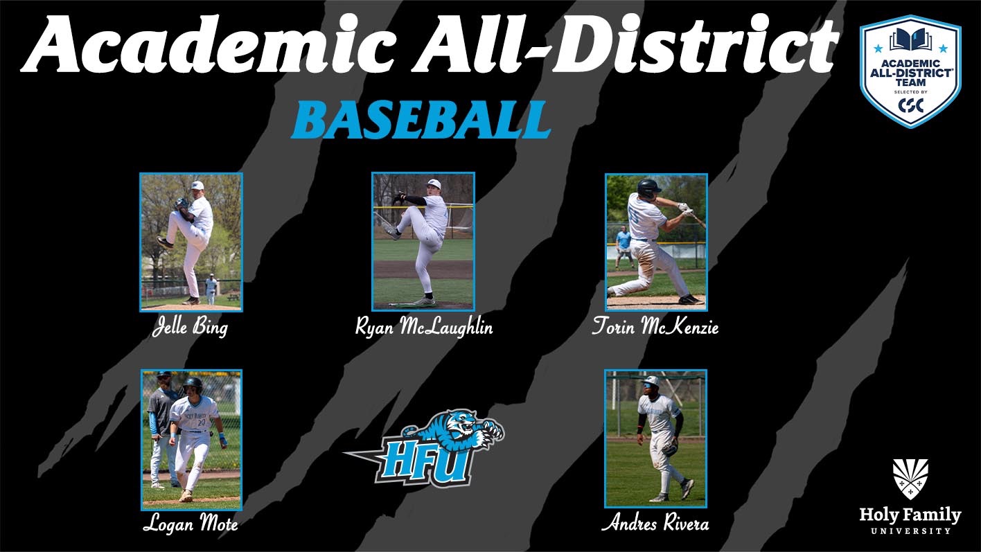 A graphic for HFU's Jelle Bing, Ryan McLaughlin, Torin McKenzie, Logan Mote and Andres Rivera earning a place on the 2026 College Sports Communicators (CSC) Academic All-District Baseball Team®