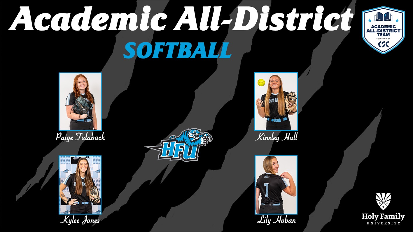 A graphic for four HFU student-athletes - Kylee Jones, Paige Tidaback, Lily Hoban and Kinsley Hall - making the 2026 CSC Academic All-District Softball Team