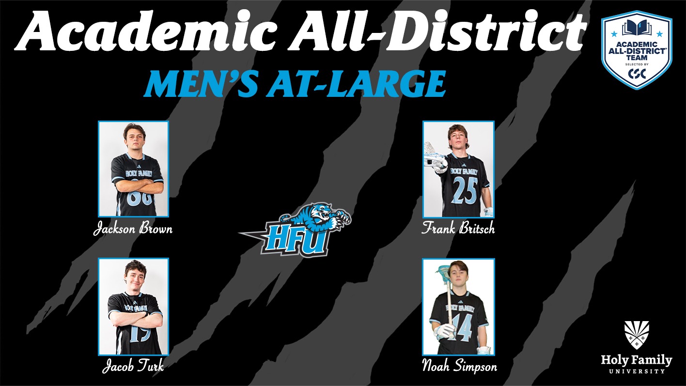 A graphic for HFU's Men's Lacrosse's Frank Britsch, Jackson Brown, Noah Simpson and Jacob Turning earning a place on the 2026 CSC Academic All-District Men’s At-Large Team®