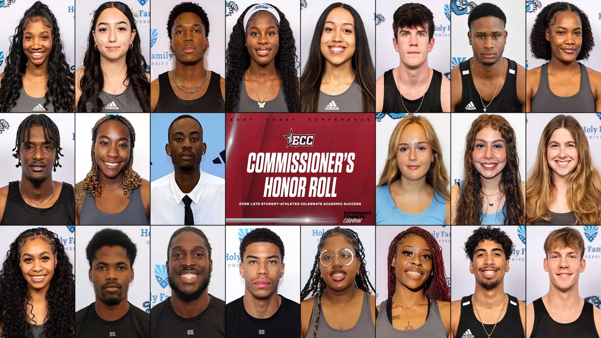 A graphic featuring the headshots of the 22 HFU student-athletes that earned a place on the 2025-26 East Coast Conference (ECC) Commissioner’s Honor Roll