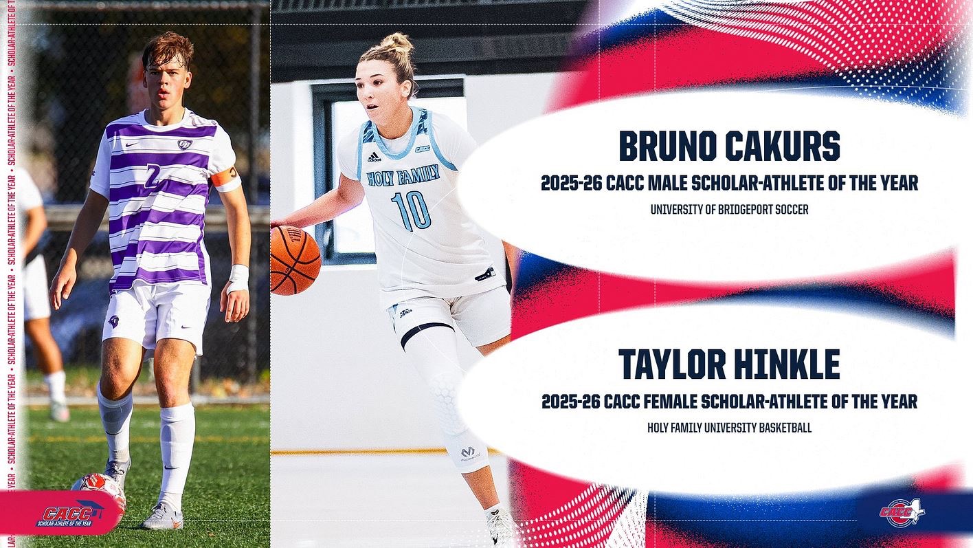 A graphic for Bridgeport's Bruno Cakurs and HFU's Taylor Hinkle being named the  2025-26 CACC Scholar-Athletes of the Year