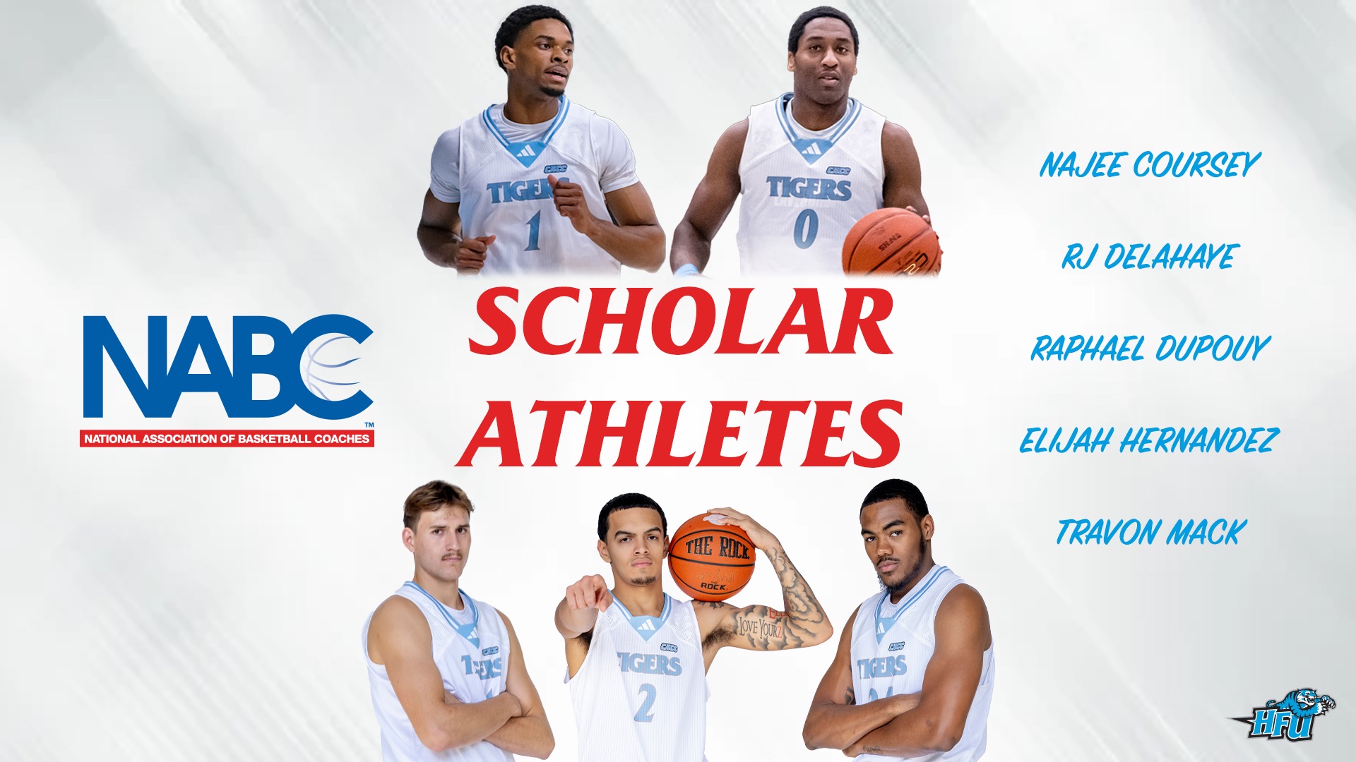 A graphic for five Tigers - Najee Coursey, RJ Delahaye, Raphael Dupouy, Elijah Herndandez and Travon Mack - earning a place on the 2025-26 NABC Honors Court