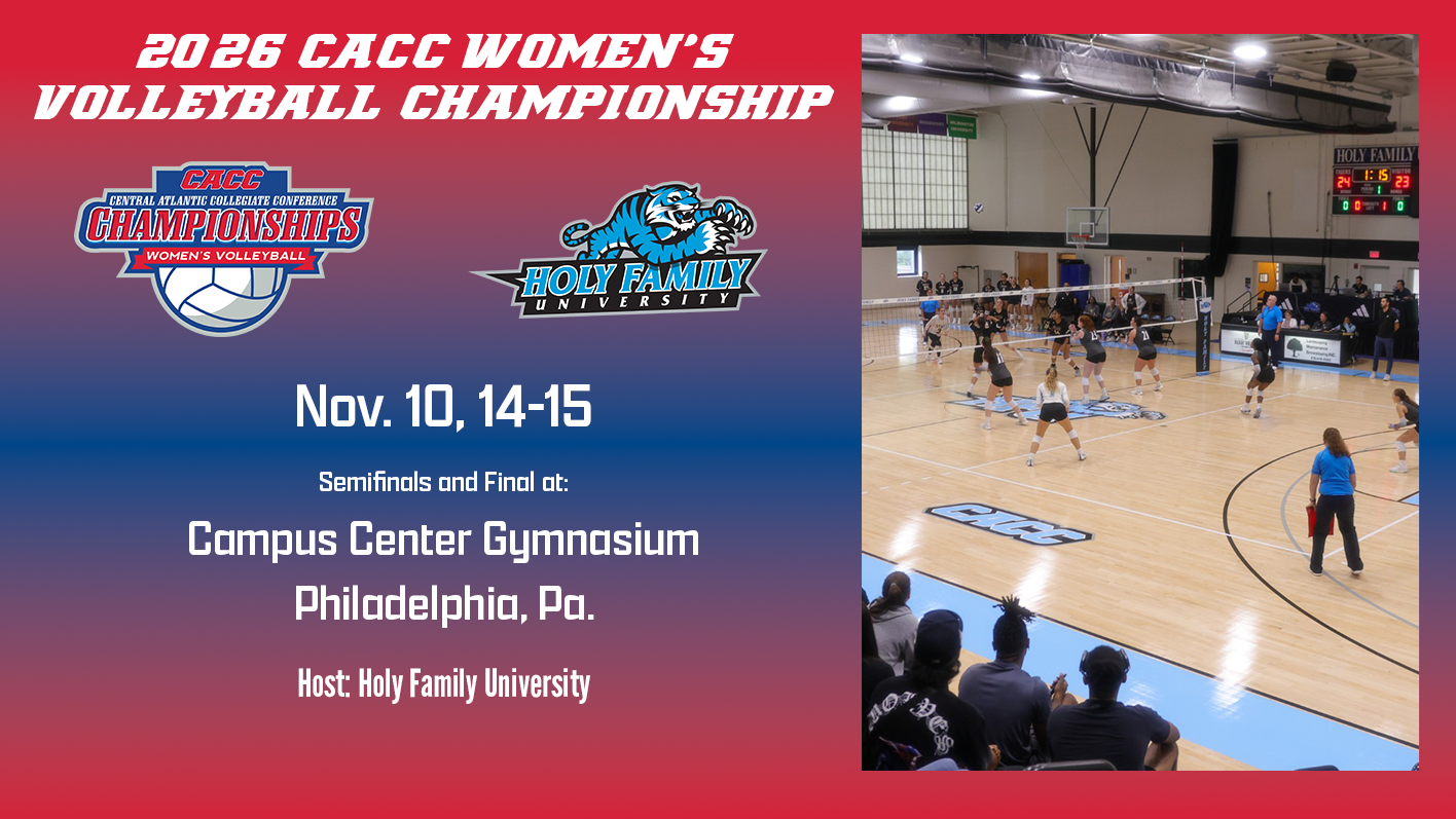 A graphic announcing Holy Family as the host of the 2026 CACC Volleyball Championship