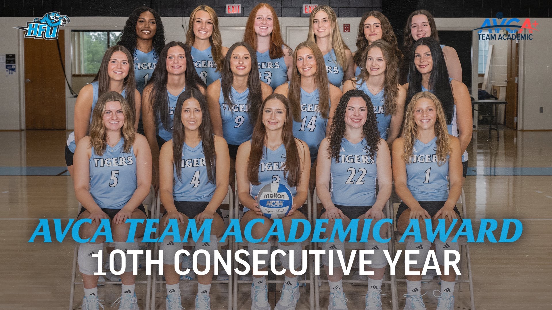 A graphic for HFU Volleyball earning the AVCA Team Academic Award for the 10th consecutive year