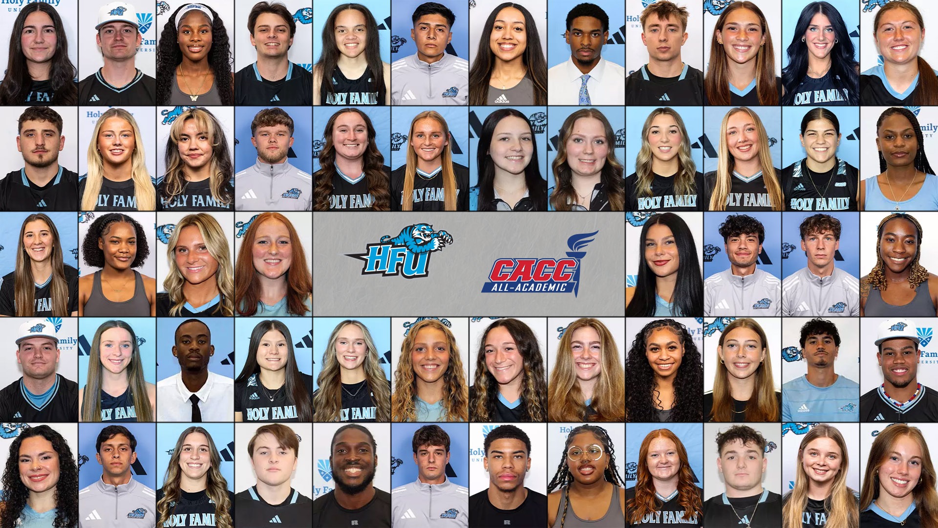 A graphic with headshots of the 56 HFU student-athletes who earned. a place on the 2025-26 CACC All=Academic Team