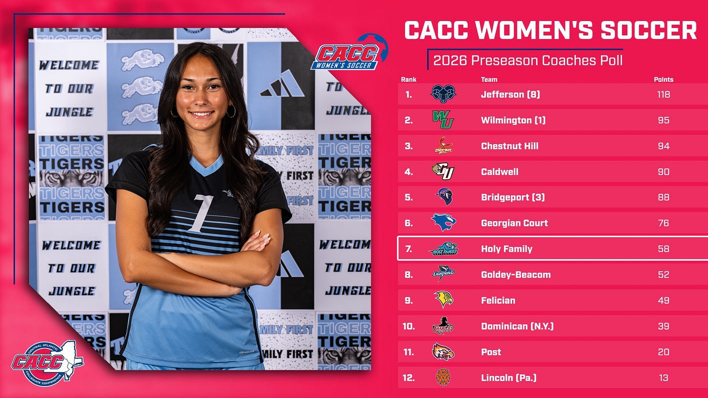 A graphic for HFU being selected in the 2026 CACC Women's Soccer Preseason Poll, featuring a picture of Kayla Balisalisa folding her arms in front her chest