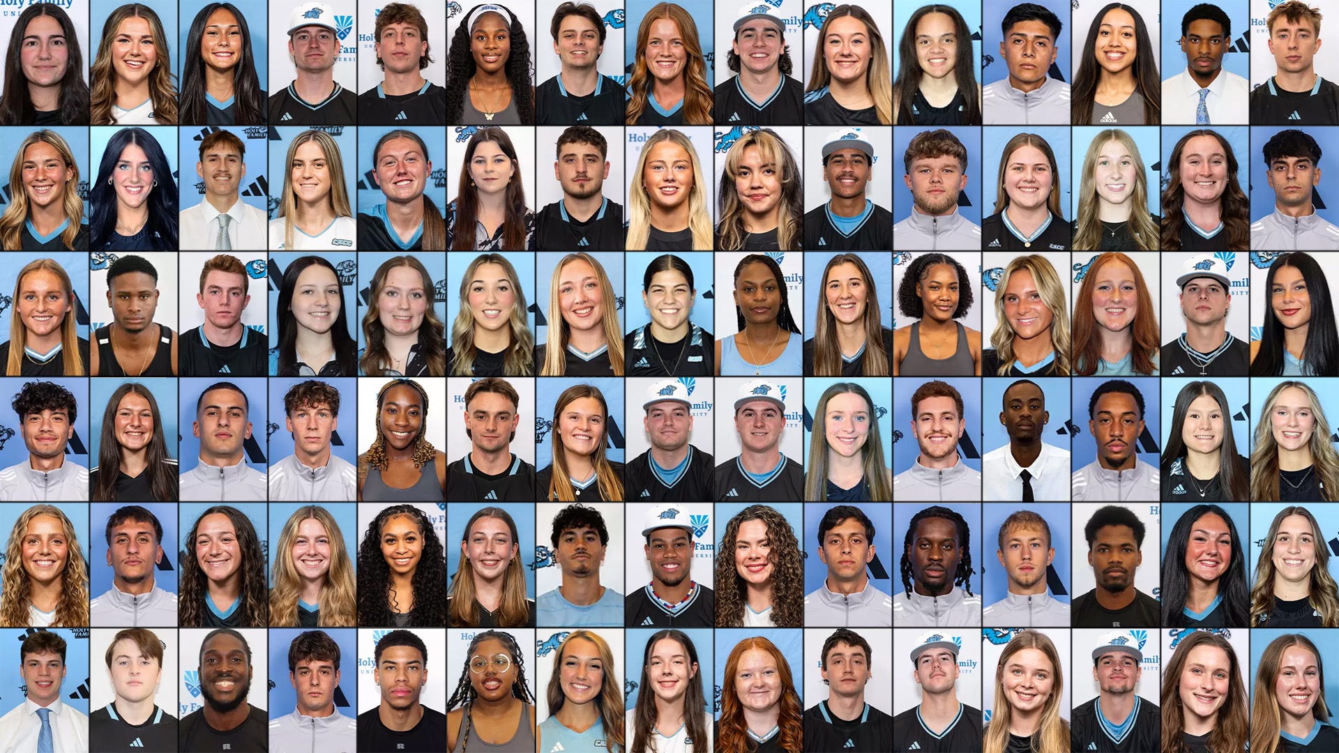 A graphic featuring the headshots of the 90 HFU student-athletes who received the 2025-26 D2 ADA Academic Achievement Award