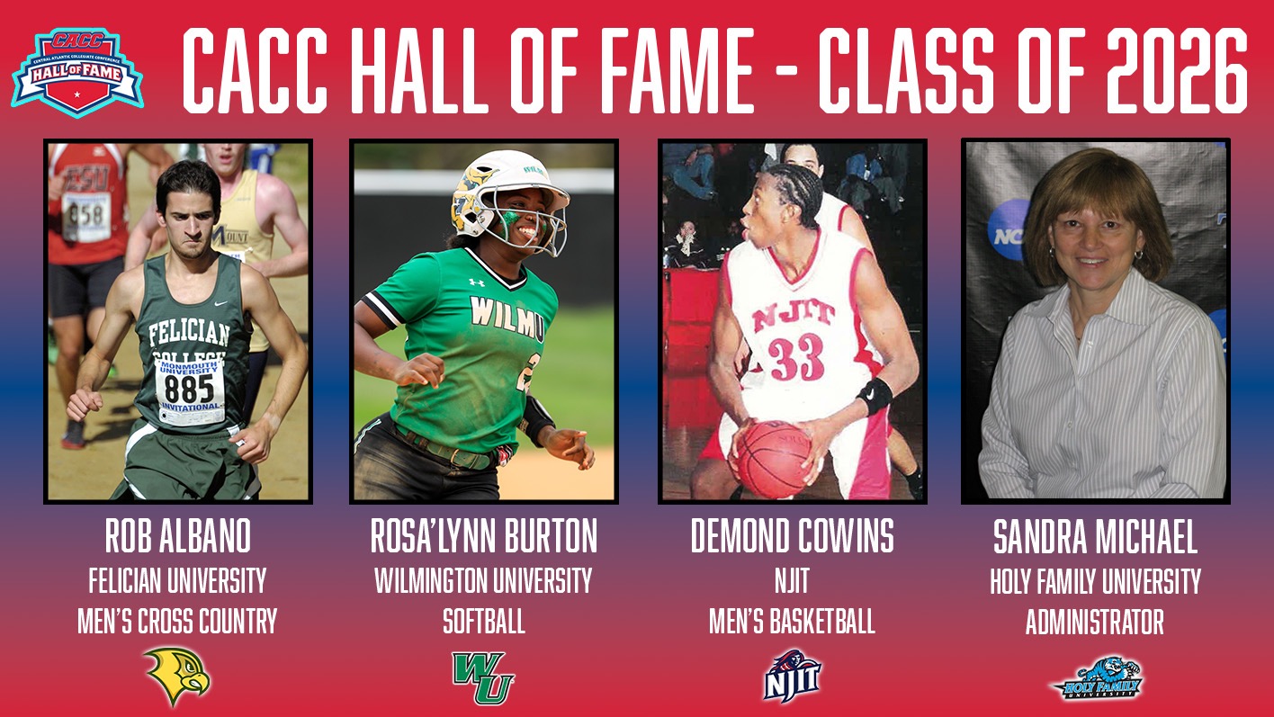A graphic recognizing the four members of the 2026 CACC Hall of Fame Class: Rob Albano, Rosalyn Burton, Demond Cowins and former HFU Athletic Director Sandra Michael